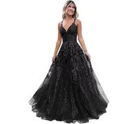 Tulle Prom Dresses Adolescenti Pizzo Applique A Line Abito di Sfera Elegante Spaghetti Cinghie V Collo Principessa Abiti da Sera, Nero , XXS