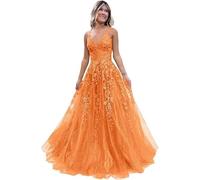 Tulle Prom Dresses Adolescenti Pizzo Applique A Line Abito di Sfera Elegante Spaghetti Cinghie V Collo Principessa Abiti da Sera, Arancione, 8XL Plus