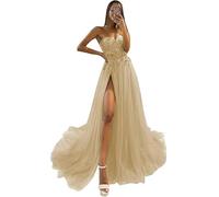 Tulle Prom Dresses Sparkly 3D Flower Ball Gowns Spaghetti cinghie una linea con l'abito da sera della fessura, Champagne, 3XL