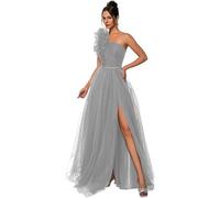 Tulle Prom Dresses Una spalla Puffy Lungo Seveless Ball Gown A-Line Spacco laterale con tasche Abiti da sera, Argento, XXS