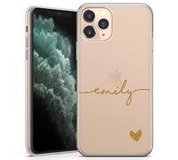 TULLUN Custodia personalizzata per iPhone 11, in morbido gel trasparente, cover personalizzata orizzontale con nome e fondo a forma di cuore, stile individuale, iniziali e testo, oro