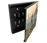 Tulup Cassetta per Chiavi 30x30 cm | Nero | A Destra | Montaggio a Parete | Panorama della città | Tasselli e Viti Inclusi | per Uffici | Frontale Decorativo in Vetro Temperato | in Metallo