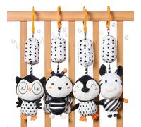 TUMAMA Giocattolo per Carrozzina 0 3 6 9 12 Mesi, sonaglio Appeso per Lettino seggiolino Auto - 4 Pezzi Animali Nero Bianco sonaglio Regalo Bambini e Bambine