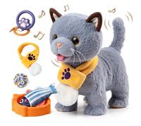 TUMAMA KIDS Giocattolo interattivo per bambini con 6 musiche, peluche gattino con telecomando e guinzaglio che corre e abbaia, peluche elettronico gattino a partire dai 2 anni - camminare, miagola