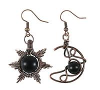 TUMBEELLUWA Orecchini gotici con sole e luna, da donna, asimmetrici, in filo di rame, orecchini pendenti a goccia, Ossidiana Nera, Ossidiana nera