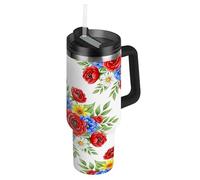 Tumbler con manico, 880,5 g, bicchiere da caffè isolato in acciaio inox, per uomo e donna, da viaggio, bouquet di acquerelli rosso