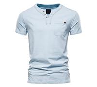 Tumblr - Canottiera da uomo, casual, tinta unita, in cotone, con scollo a V, con bottone, a maniche corte, da uomo, Azzurro, M