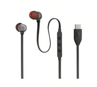 Tune 310C Hi-Res Wired Earbuds, Pure Bass JBL Sound, USB-C Connection, Three-Key Remote with Microphone, Tangle-free Flat Cable, Black ABS