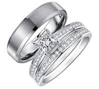 TUNGSTORY Fedi nuziali per coppie, anelli di promessa per lui e lei, anelli da uomo in tungsteno e anelli da donna, con intarsio in zirconia cubica taglio principessa, Tungsteno