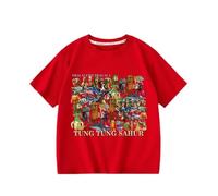 Tungtungsahur Ragazzi Estate Nuova T-Shirt, Italiano Cervello AI Animale Bambini Manica Corta Girocollo Top,Rosso,100cm