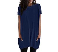 Tunic da donna a maniche corte, casual, oversize, con tasche, a girocollo, tinta unita, longbluse, tunica ampia, top basic, t-shirt casual, elegante, felpa estiva, Blu, S