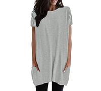 Tunic da donna a maniche corte, casual, oversize, con tasche, tinta unita, con scollo tondo, per leggings, elegante, basic, top casual, maglietta a manica corta estiva, elegante, felpa, grigio., S