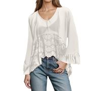 Tunica da donna con inserto in pizzo e maniche a balza - Camicetta casual con scollo a V | Top asimmetrico in stile bohémien, Stil_s06 Bianco, M