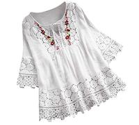 Tunica da donna in pizzo bohémien garza top boho ricamo floreale camicia estiva indiana con volant davanti camicette per donne anziane uncinetto occidentale manica 3/4 vestibilità ampia lino fluido,