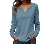 Tunica da donna, taglia grande, tunica da donna, in cotone, melange top, tinta unita, larga, a maniche lunghe, basic, tunica con scollo a V, oversize, tuniche da esterno, Blu cielo., XXL