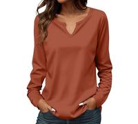 Tunica da donna, taglia grande, tunica da donna, in cotone, melange top, tinta unita, larga, a maniche lunghe, basic, tunica con scollo a V, oversize, tuniche da esterno, marrone, XXL