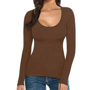 Tunica Donna Cotone Lino T-shirt Donna Bianco Girocollo Glamour Tunica Traspirante Cime Leggero Oversize Tunica Tessuto Morbido Alto Tinta Unita Basic Top Manica Lunga Vacanza Spiaggia, marrone, XL