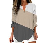 Tunica Donna Estiva Maniche Corte Lunghe Oversize Womens Cotton Linen Tops for Women Spring Summer V Neck Roll Up 3/4 Sleeve T Shirts Plain Graphic Tees T Shirt Donna Cotone Maniche Lunghe (Khaki S)