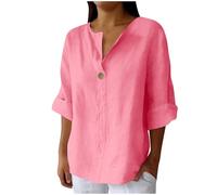 Tunica estiva in cotone e lino per le donne Camicette con scollo a V a tinta unita Camicette casual con maniche a 3/4 Camicetta lunga da donna Plus Size Henley Oggi 2025