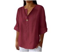 Tunica estiva in cotone e lino per le donne Camicette con scollo a V a tinta unita Camicette casual con maniche a 3/4 Camicetta lunga da donna Plus Size Henley Oggi 2025