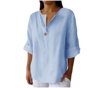 Tunica estiva in cotone e lino per le donne Camicette con scollo a V a tinta unita Camicette casual con maniche a 3/4 Camicetta lunga da donna Plus Size Henley Oggi 2025