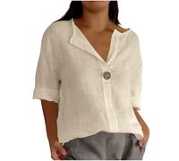 Tunica estiva in cotone e lino per le donne Camicette con scollo a V a tinta unita Camicette casual con maniche a 3/4 Camicetta lunga da donna Plus Size Henley Oggi 2025