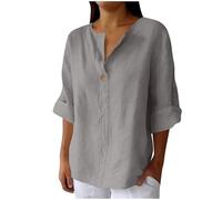 Tunica estiva in cotone e lino per le donne Camicette con scollo a V a tinta unita Camicette casual con maniche a 3/4 Camicetta lunga da donna Plus Size Henley Oggi 2025