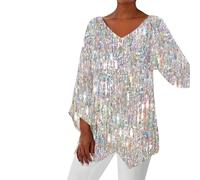 Tunica Natale da donna con paillettes sexy camicetta glitterata camicie paillettes a maniche lunghe t-shirt ampia tuniche top slim fit casual retrò tunica, bianco, XXXL