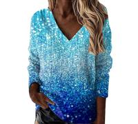 Tuniche taglie forti da donna a maniche lunghe con scollo a V camicie pieghettate davanti con paillettes scintillanti top per feste autunno inverno camicetta, 1c-azzurro cielo, M