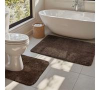 Tuocal Set di 2 tappetini da bagno in morbida microfibra e tappetino per WC a forma di U, spesso, antiscivolo, super assorbente, lavabile in lavatrice, 50 x 80 cm + 50 x 40 cm, caffè