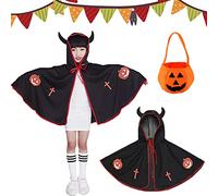 Tuofang Mantello da Strega di Halloween, Halloween Costume Strega Bambina, Mantello da Mago per Bambini con Cappello y Borsa di zucca, per Festa di Cosplay di Halloween per Ragazzo e Ragazza (Nero)