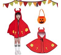 Tuofang Mantello da Strega di Halloween, Halloween Costume Strega Bambina, Mantello da Mago per Bambini con Cappello y Borsa di zucca, per Festa di Cosplay di Halloween per Ragazzo e Ragazza (Rosso)