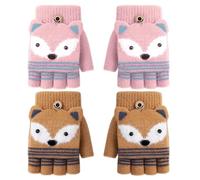 TUONYIS 2 Paia Guanti Senza Dita Bambini,Guanti caldi Invernali per Bambini,Cartoon Guanti Mezze Dita per Bambini Guanti con Patta Senza Dita per 3-9 Anni Ragazza Ragazzo (Marrone, Rosa)