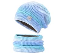 TUONYIS 2 Pezzi Sciarpe con Cappello Beanie Invernale, Set di Cappello e Guanti da Donna, Cappello Caldo Lavorato a Maglia e Sciarpa a Cerchio,Berretto con Teschio Foderato in Pile Spesso(Blu Sfumato)