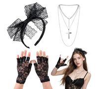TUONYIS 3 pezzi accessori per costume da donna anni 80, accessori da donna, cerchietto con pizzo, guanti a rete, collana, vintage per feste retrò per donne, Nero