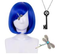 TUONYIS 3 Pezzi Blu Scuro Bob Parrucca Breve per le Donne, 30 cm Bob Sintetico Corto Capelli Dritti Chiave Collana Dragonfly Pin per Halloween Cosplay (Blu)