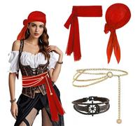 TUONYIS 4 Pezzi Accessori Pirata Cintura Bandana,Braccialetto Catena da Vita Set,Accessori per Costumi Medievali da Donna Pirata,per Cosplay Carnevale, Halloween Festa pirata (Rosso)