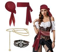 TUONYIS 4 Pezzi Accessori Pirata Donna accessori per costume da capitano pirata, bandana, Cintura, Catena di vita, braccialetto, Costume da Pirata per Halloween Carnevale e Feste a Tema (Rosso)