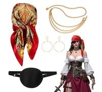 TUONYIS 4 Pezzi Accessori Pirata Donna,Rosso Stampato Fascia Nera Occhio Maschera Vita Catena Orecchio Trim,Pirata Fantasia Accessori per Halloween Cosplay Party Pirate Party(4 Pezzi)