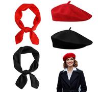 TUONYIS 4 pezzi berretto + sciarpa signore, classico artista pianura berretto stile francese, berretto cappello invernale, elegante sciarpa bandana, berretto francese (nero, rosso)