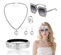 TUONYIS 5 Pezzi Accessori Discoteca, Costume Discoteca Anni 70 per Donna, Occhiali Collana Orecchini Anelli Cerchietti da Discoteca, 70s Discoteca Accessories per Cosplay Festa Carnevale (Silver)