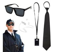 TUONYIS 5 Pezzi Accessori Set per Agente, Set per Costume servizi segreti, spia, con Occhiali da Sole, Cravatta, Porta Carte, Tubo, carta d'identità, per Auricolare, Carnevale, Halloween (Nero)