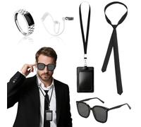 TUONYIS 5 Pezzi Agente Costume Accessori, Autista Guardia di Sicurezza Servizio Segreto Costume Set, con Occhiali da Sole, Cravatta, Porta Carte, Tubo per Auricolare, per Carnevale, Halloween (Nero)
