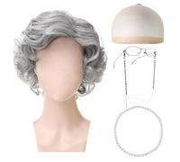 TUONYIS 5 Pezzi Kit Parrucca da Nonnina includere Parrucca da Nonna Berretto per Parrucca Occhiali Catena di Occhiali Collana di Perle per Halloween Giornata Mondiale del Libro Cosplay (Argento)