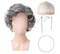 TUONYIS 5 Pezzi Kit Parrucca da Nonnina includere Parrucca da Nonna Berretto per Parrucca Occhiali Catena di Occhiali Collana di Perle per Halloween Giornata Mondiale del Libro Cosplay (Grigio)