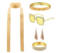 TUONYIS 6 Pezzi 70s 80s Disco Costume Accessori 1970s Donna Disco Disguise, Discoteca Costume, Glitter Sciarpa Orecchini Occhiali da sole Bracciale e fascia per la festa retrò, Costumi Cosplay (Oro)