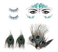 TUONYIS 6 Pezzi Costume da Pavone per Donne, Accessori per Capelli con Piume di Pavone, Ciglia Colorate, Faccia con Strass Autoadesivi, Accessori di Pavone per Halloween, Carnevale, Cosplay (Verde)