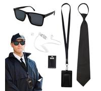 TUONYIS 6 Pezzi Set di Accessori per Agente, Set per Costume servizi segreti, spia, con Occhiali da Sole, Cravatta, Porta Carte, Tubo, carta d'identità, per Auricolare, per Carnevale, Halloween (Nero)