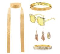 TUONYIS 7 Pezzi 70s 80s Disco Costume Accessori,Donna Disco Disguise, Discoteca Costume, Glitter Sciarpa Orecchini Occhiali da sole Bracciale e fascia squillo per la festa retrò, Costumi Cosplay (Oro)