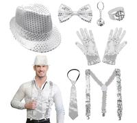 TUONYIS 7 Pezzi Cappello Costume Danza Jazz, Accessori Paillettes per Uomo, Guanti Performance Disco Cravatta Paillettes Cappello Papillon, per Feste a Tema, Spettacoli Jazz (Argento) (Argento)